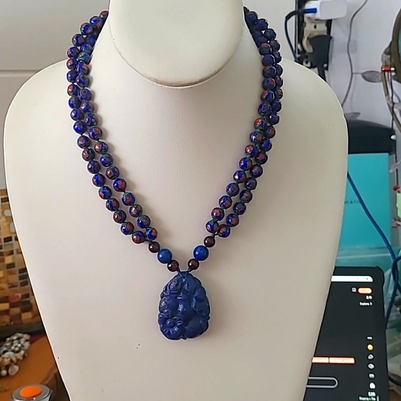 Cloisonne double strand beaded necklace with lapis carved pendant